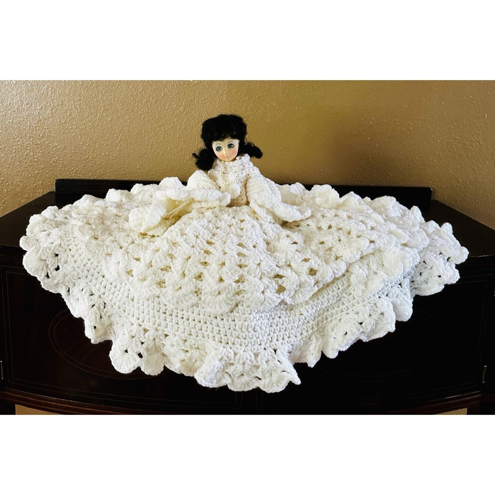 Vintage Handmade Crochet Bed Doll Ivory White Dress Ruffles